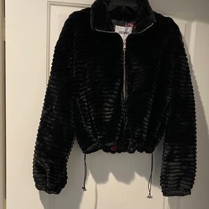 NWT Designer Black Textured faux furJacket;
pretty floral lining w/pull-in waist